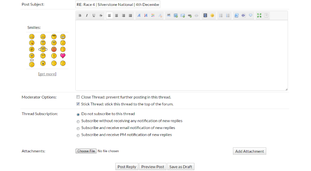 A screenshot of fully editing a post or reply, with a text editor, emoticons, checkboxes for administrators and thread subscription. At the bottom there's the option to add attachments and post, preview or save as draft.