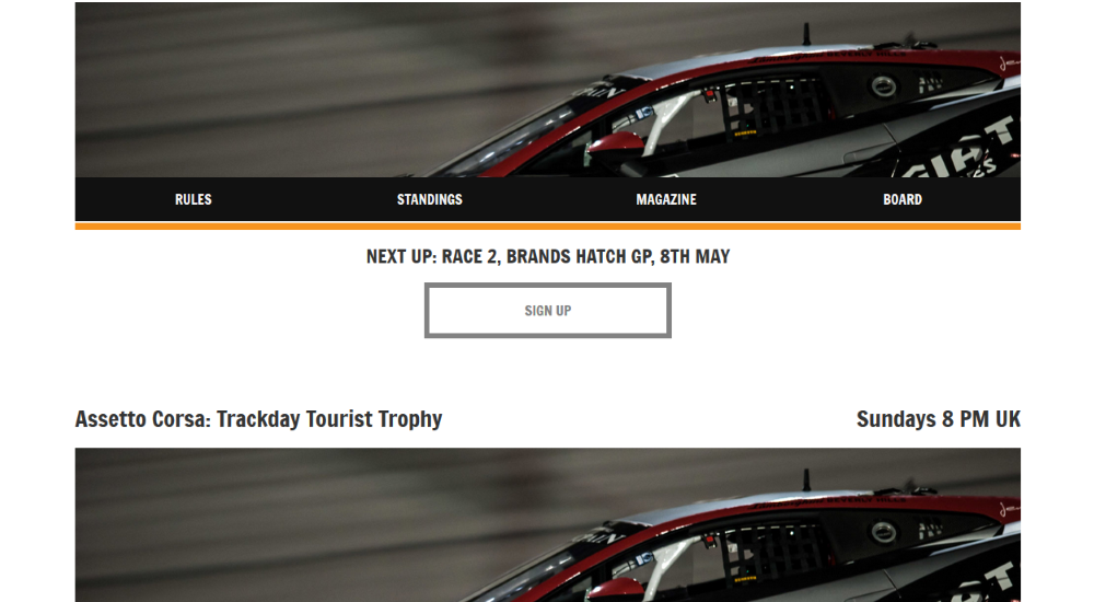Screenshot of the homepage showing big but low pictures of a car, which is used to represent a racing series, with horizontal navigation below, and a link to sign up for the next upcoming event in the series.