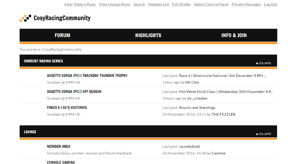 Homepage of a forum, with primary and secondary navigation, forum board categories and forum board below them.