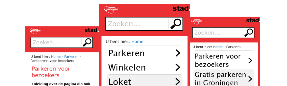 Three screenshots of the mobile website of the Gemeente Groningen.
