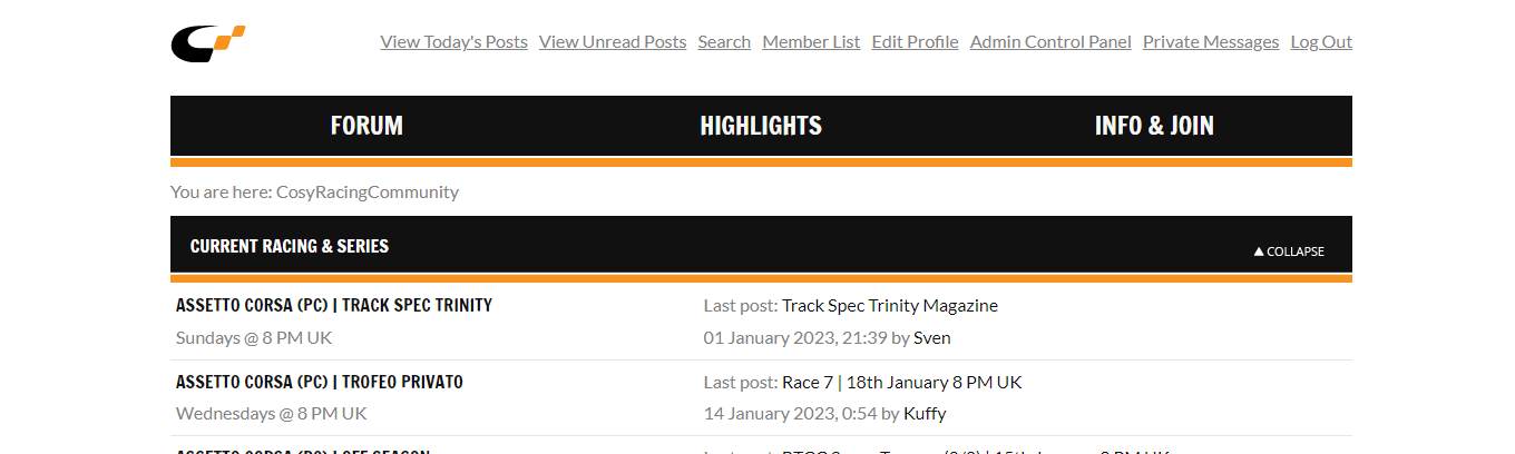 Frontpage of the CosyRacingCommunity website, showing the top half of the forum page with the navigation bar and current racing series boards.