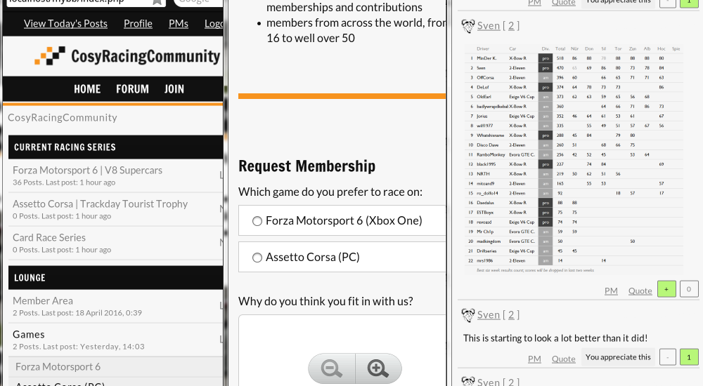 Screenshot showing three smartphone layouts side by side. Left, the homepage with forum boards. Middle, a sign-up form to request memberships. Right, a sample of posts with an image of a point score table of race season results.